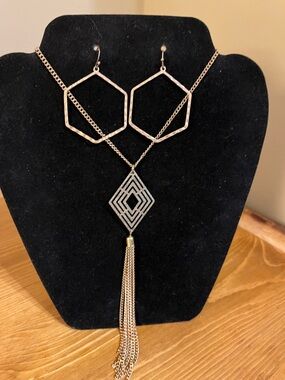 Gold tone Geometric Hexagon Earrings and Tassel Necklace Set